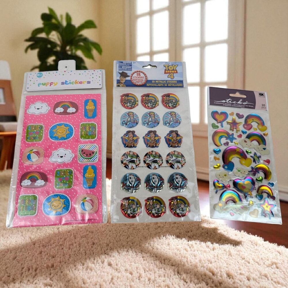 Puffy Sticker Lot Summer, Toy Story, Rainbow Heart 3 Sheets‎ 68 Stickers - NEW